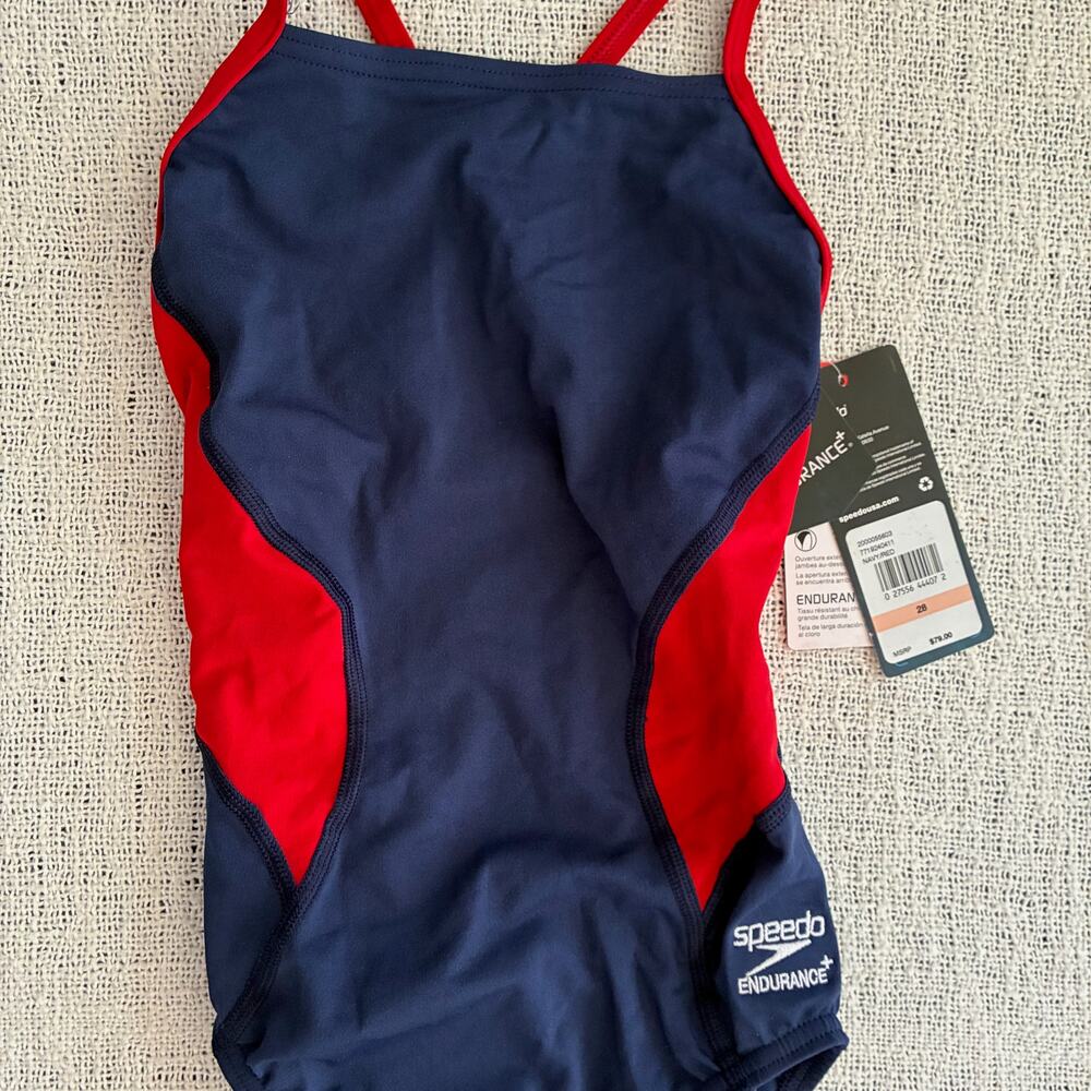 Speedo Endurance+ Women's One Piece Swimsuit Size 28 Navy Red NWT Flyback